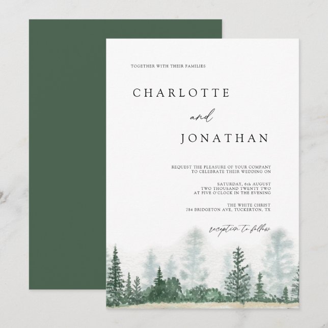 Invitación Boda ruso moderno de acuarela de la selva de monta (Anverso / Reverso)