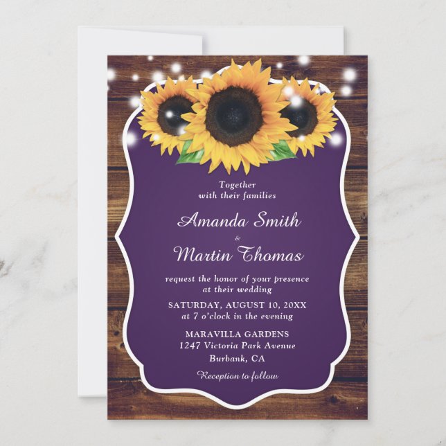 Invitación Boda ruso morado y girasol (Anverso)