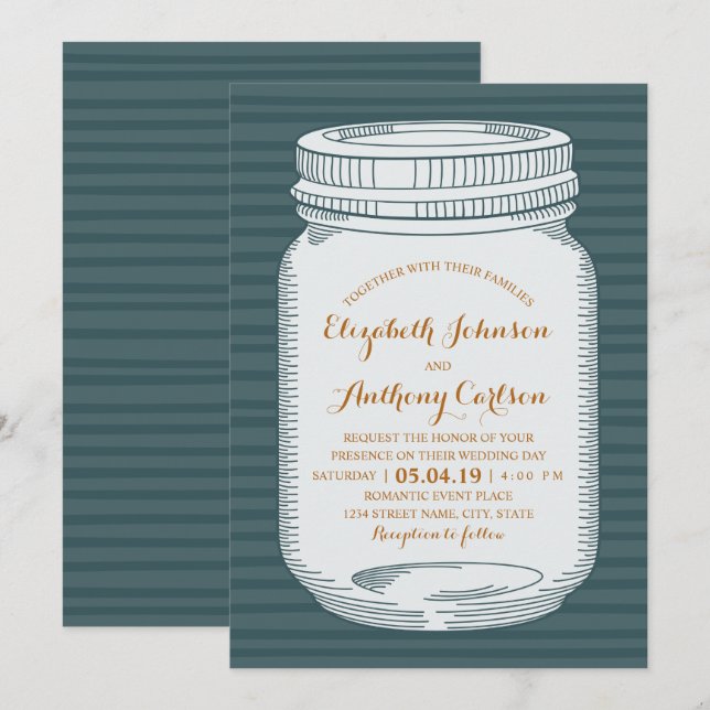 Invitación Boda ruso Vintage Blue Country Mason Jar (Anverso / Reverso)