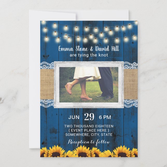Invitación Boda Rustc de flores azules de la marina (Anverso)