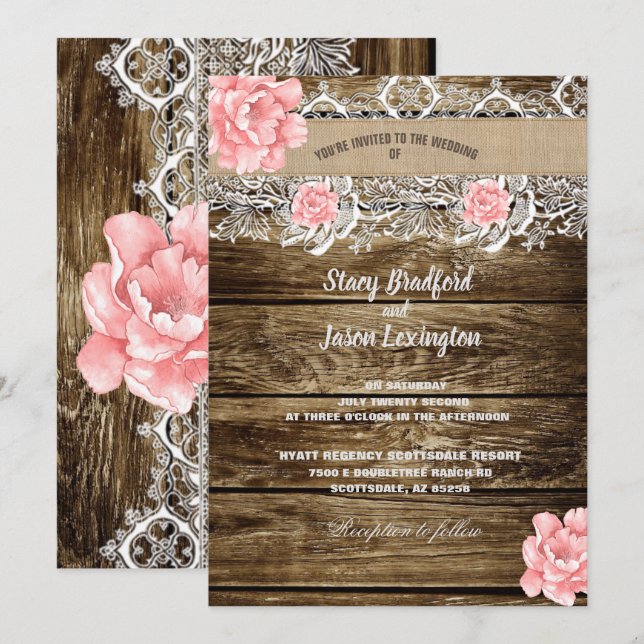 Invitación Boda Rustic Barn Wood & Lace (Anverso / Reverso)