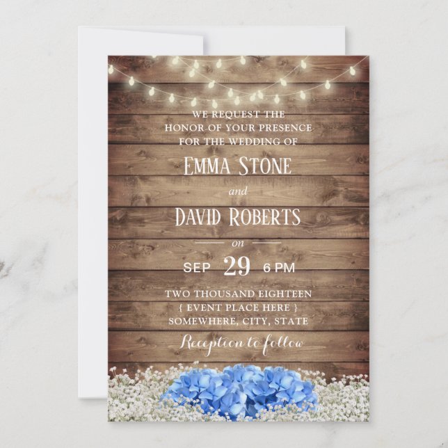 Invitación Boda Rustic Blue Hydrangea & String Lights (Anverso)