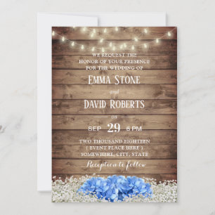 Invitación Boda Rustic Blue Hydrangea & String Lights