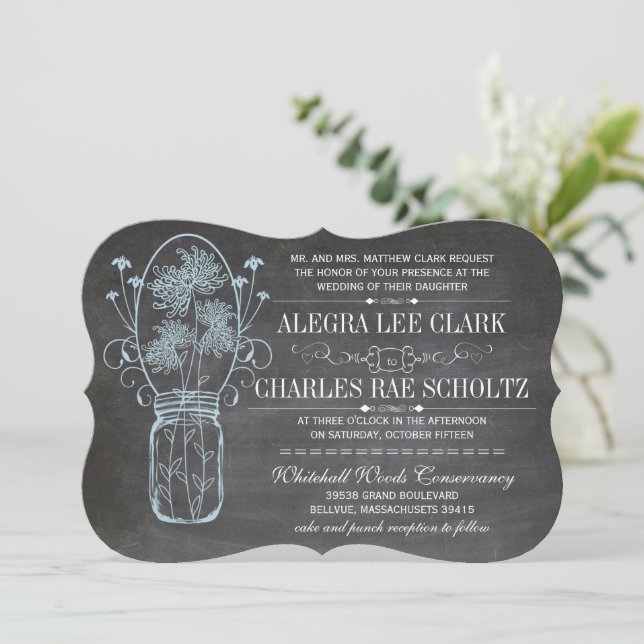 Invitación Boda Rustic Blue Mason Jar Chalkboard (Anverso de pie)