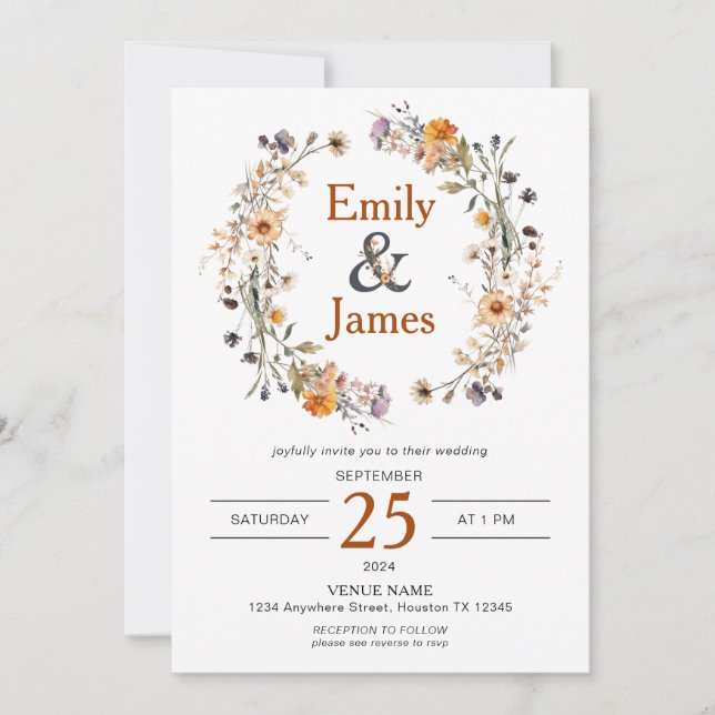 Invitación Boda Rustic Boho Fall Wildflowers (Anverso)