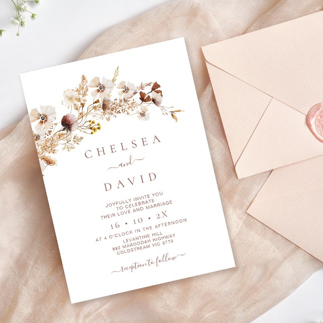 Invitación Boda Rustic Brown Floral Wildflowers (Rustic Wildflowers Wedding Invitation, Modern Rustic Wildflower Wedding Invite, Floral Natural Tones)
