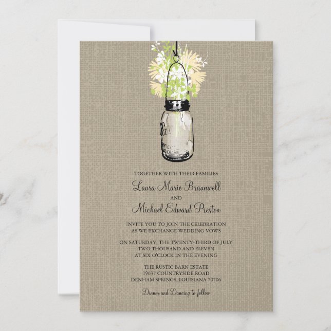 Invitación Boda Rustic Burlap Mason Jar Wildflowers (Anverso)