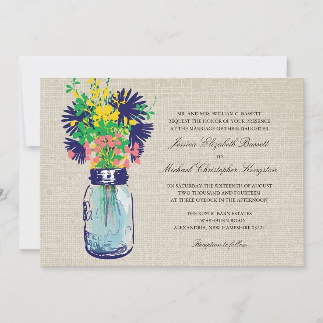 Invitación Boda Rustic Burlap Mason Jar Wildflowers (Anverso)