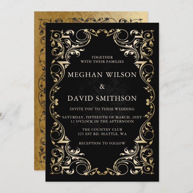 Invitación Boda Rustic Elegant Ornamental Black Gold (Anverso / Reverso)
