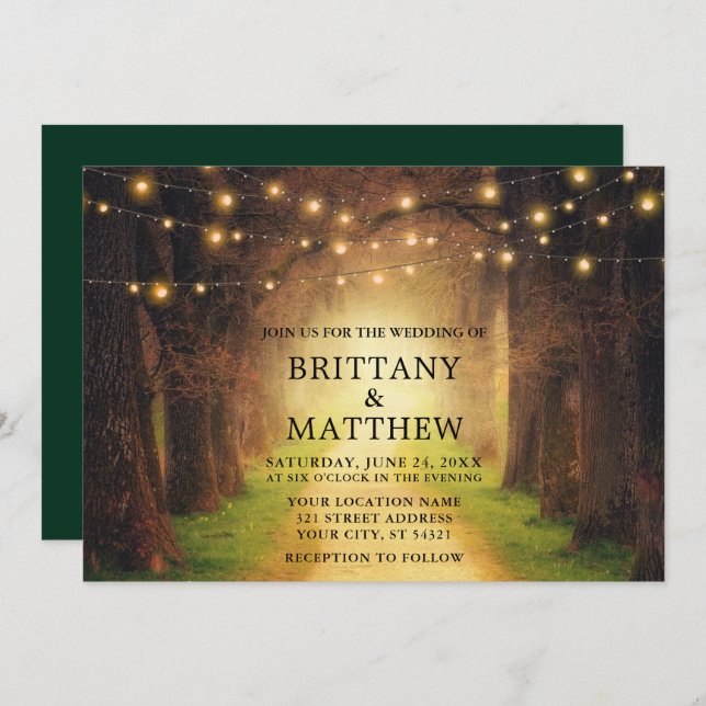 Invitación Boda Rustic Forest Path String Lights Green (Anverso / Reverso)