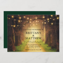 Invitación Boda Rustic Forest Path String Lights Green