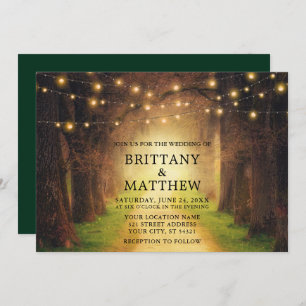 Invitación Boda Rustic Forest Path String Lights Green