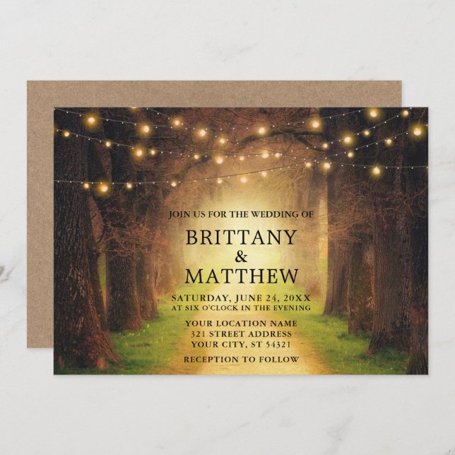 Invitación Boda Rustic Forest Path String Lights Kraft (Anverso / Reverso)