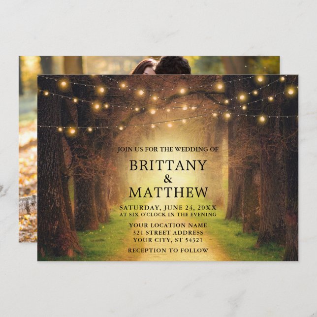 Invitación Boda Rustic Forest Path String Lights Photo (Anverso / Reverso)
