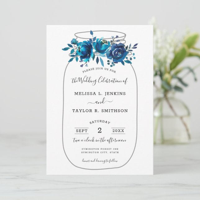 Invitación Boda Rustic Indigo Peony Mason Jar (Anverso de pie)