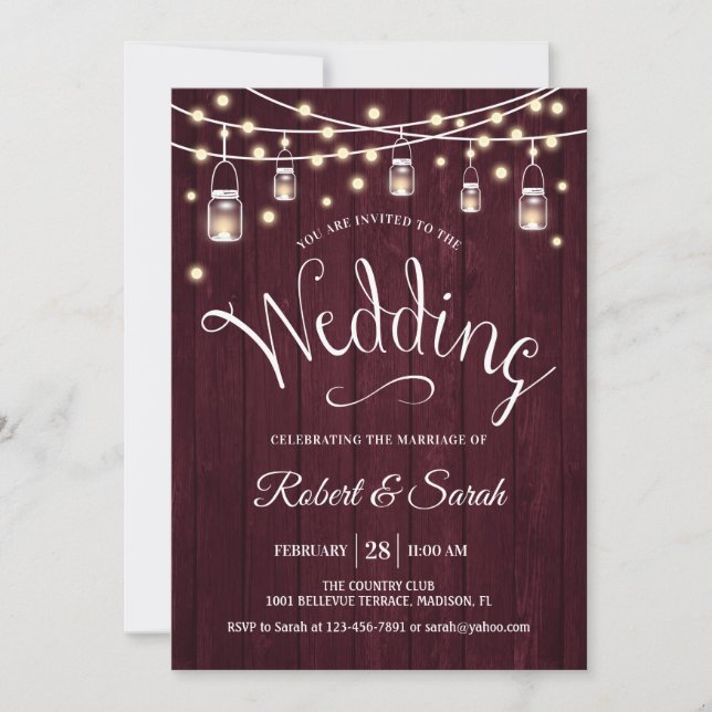 Invitación Boda Rustic Maroon Wood & Lights (Anverso)
