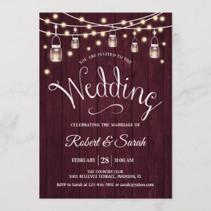 Invitación Boda Rustic Maroon Wood & Lights