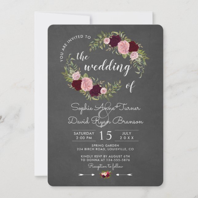 Invitación Boda Rustic Marsala Floral Chalkboard (Anverso)