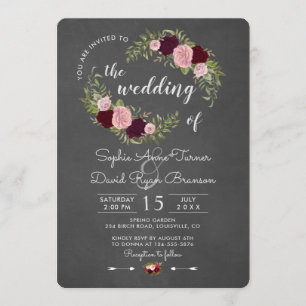 Invitación Boda Rustic Marsala Floral Chalkboard