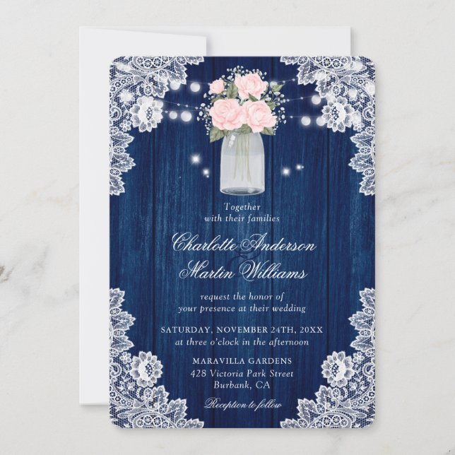 Invitación Boda Rustic Navy Blue y Rubor Wood Lace (Anverso)