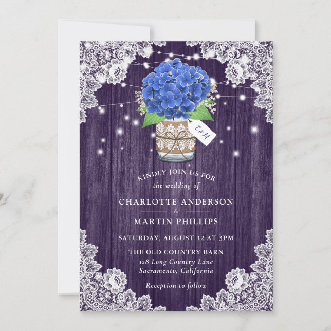 Invitación Boda Rustic Purple and Blue Hydrangea (Anverso)