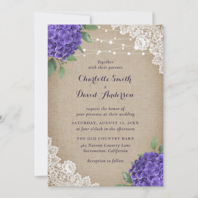 Invitación Boda Rustic Purple Hydrangea Burlap Lace (Anverso)