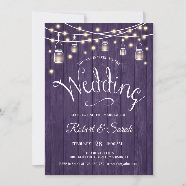 Invitación Boda Rustic Purple Wood & Lights (Anverso)