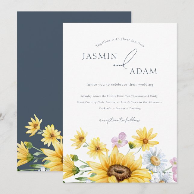 Invitación Boda Rustic Royal Blue Opulence Sunflowers (Anverso / Reverso)