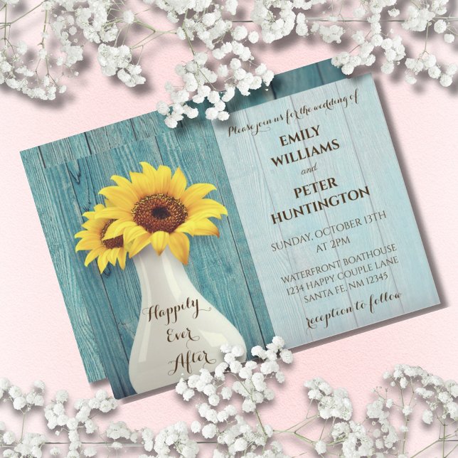 Invitación Boda Rustic Sunflower Blue Wood (Rustic Sunflower Blue Barnwood Wedding Invitation)