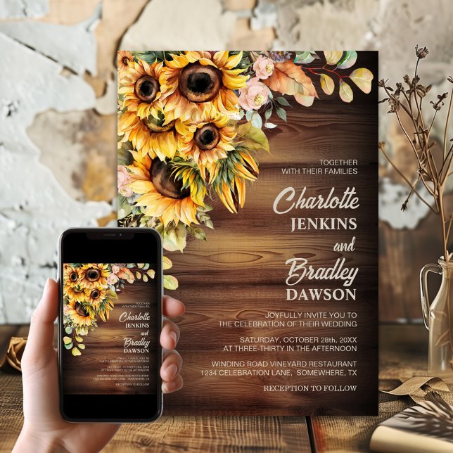 Invitación Boda Rustic Sunflower Wood (Subido por el creador)