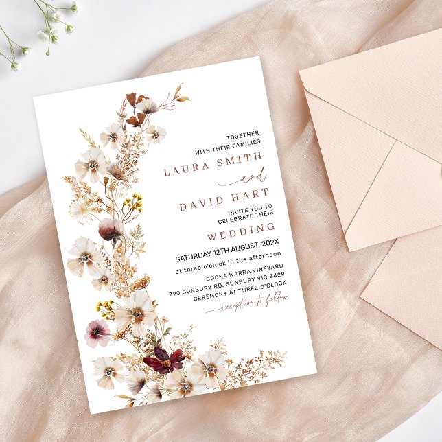 Invitación Boda Rustic Terracotta Wildflowers (Rustic Wildflower Wedding Invitation Template, Modern Rustic Floral Wedding Invitation, Natural Tone)