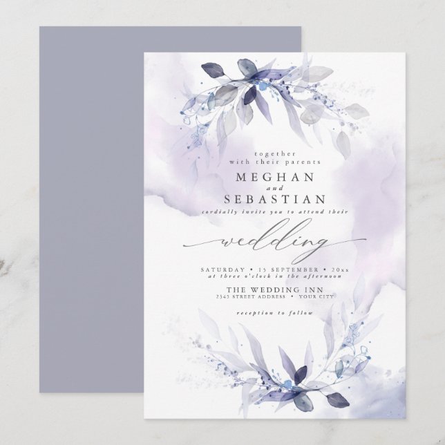 Invitación Boda Rustic Watercolor Greenery Violet (Anverso / Reverso)