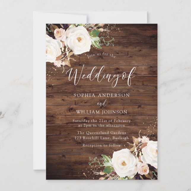 Invitación Boda Rustic White & Rubor Floral Elegante (Anverso)