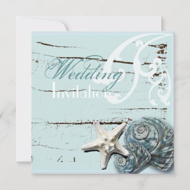 Invitación Boda Rustic Wood azul Seashell Coastal Beach (Anverso)