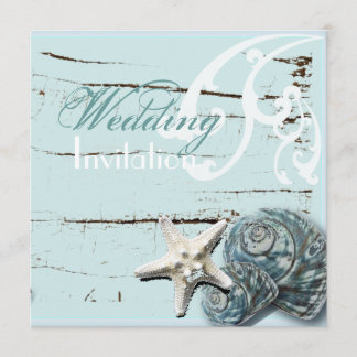 Invitación Boda Rustic Wood azul Seashell Coastal Beach