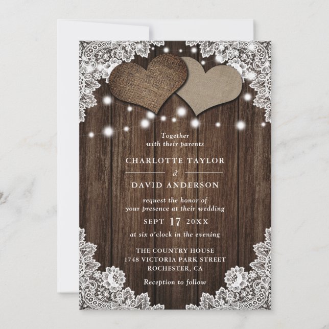 Invitación Boda Rustic Wood Burlap Lace (Anverso)