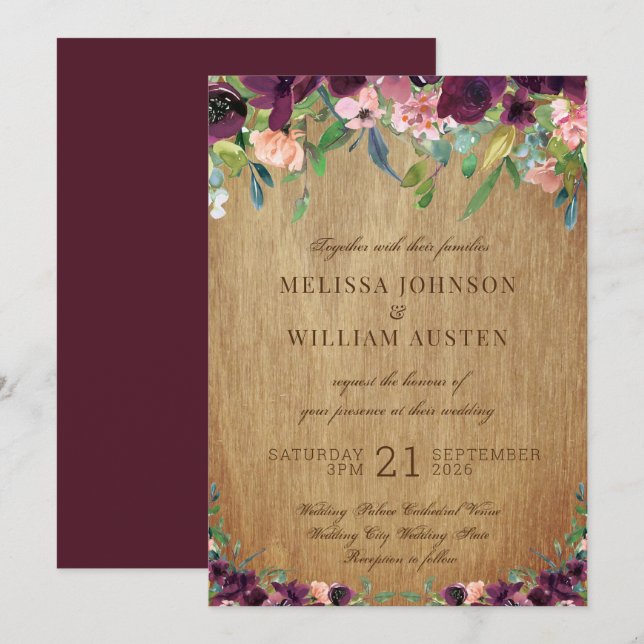 Invitación Boda Rustic Wood Floral Marsala (Anverso / Reverso)