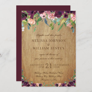 Invitación Boda Rustic Wood Floral Marsala