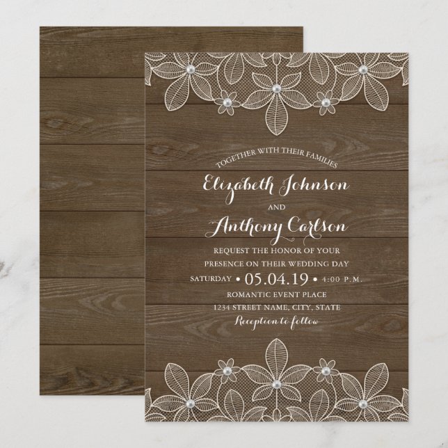 Invitación Boda Rustic Wood Lace y Pearls (Anverso / Reverso)