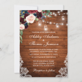 Invitación Boda Rustic Wood Lights Jars Lace Floral