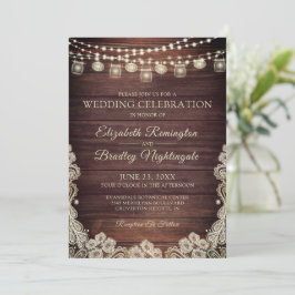 Invitación Boda Rustic Wood Lights Mason Jars Lace