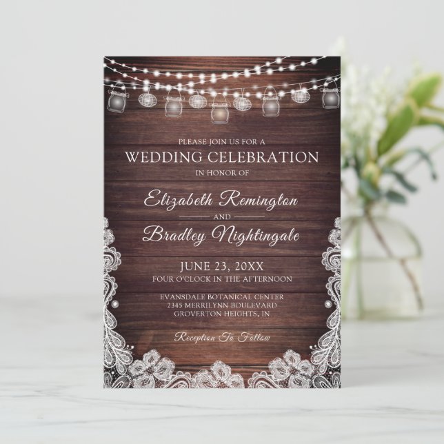 Invitación Boda Rustic Wood Lights Mason Jars Lace Invitat (Anverso de pie)