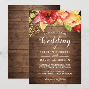 Invitación Boda Rustic Wood Otoño Oro Rojo Floral Fall Weddin