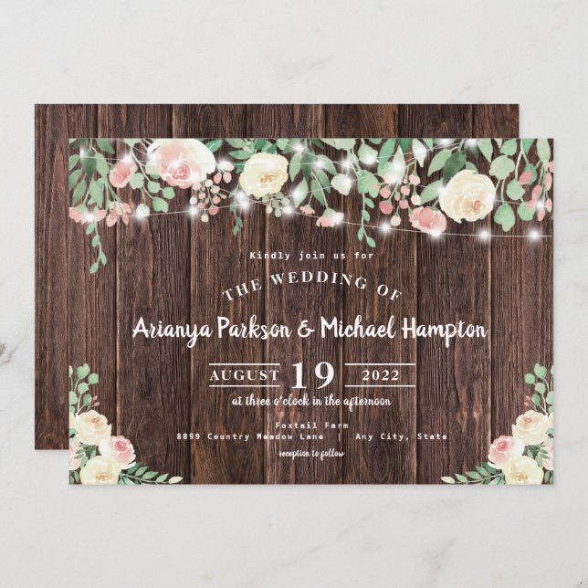 Invitación Boda Rustic Wood Rubor Floral Lights (Anverso / Reverso)