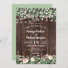 Invitación Boda Rustic Wood Rubor Floral Lights