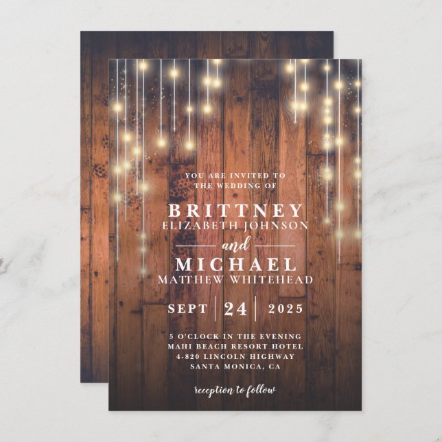 Invitación Boda Rustic Wood String Lights (Anverso / Reverso)