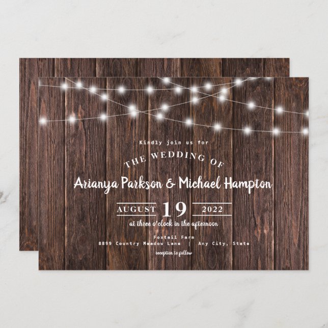 Invitación Boda Rustic Wood String Lights (Anverso / Reverso)