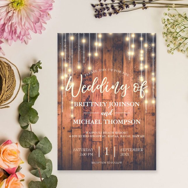 Invitación Boda Rustic Wood String Lights (Subido por el creador)