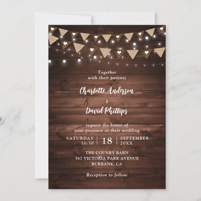 Invitación Boda Rustic Wood String Lights (Anverso)