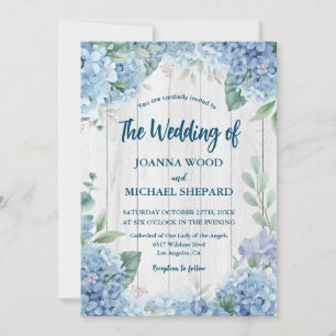 Invitación Boda Rustic Wood White Blue Hydrangea